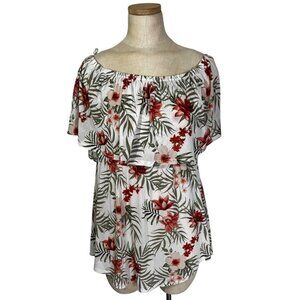 Siren Lily Maternity tank top women's L white pink green tropical mesh flowy